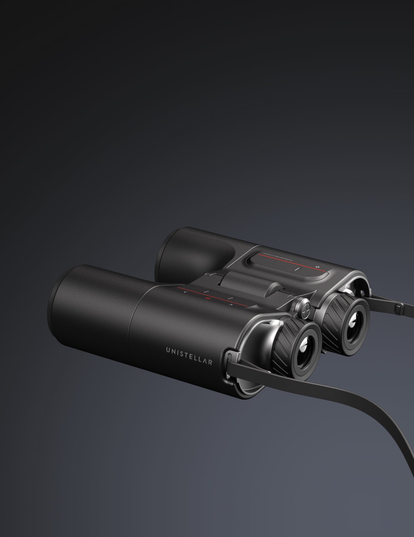 Black binoculars with 'Unistellar' branding on a dark background